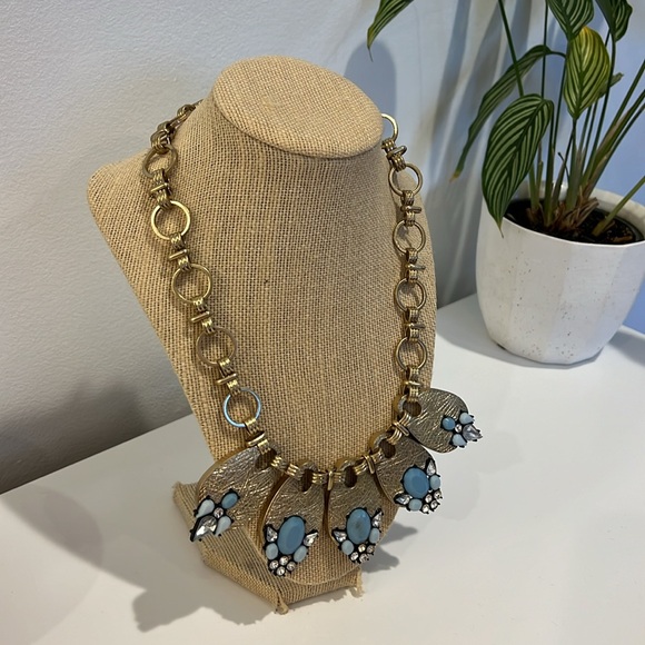 Lydell NYC Gold Tone Blue Crystal Flower bib Statement Necklace - Picture 5 of 5